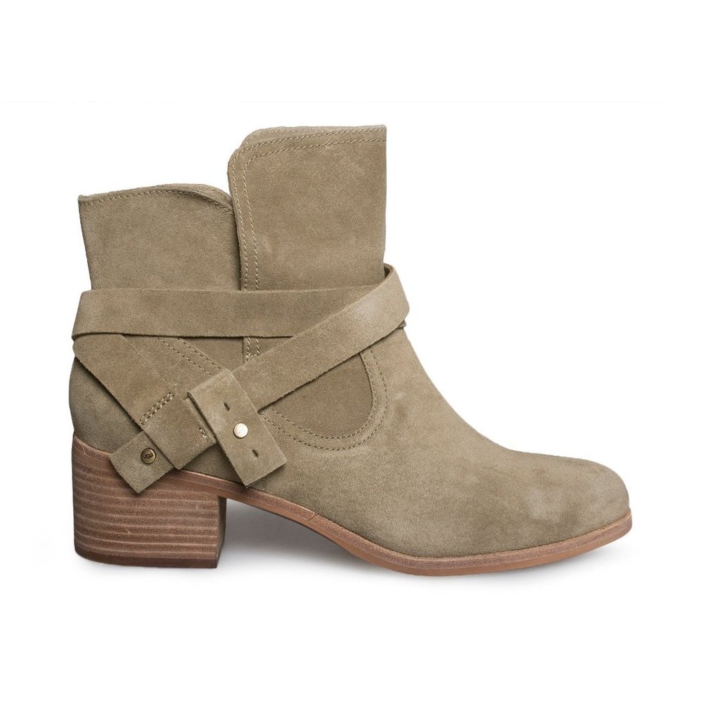 Ugg Elora Tan Suede Leather Block Heel Ankle Boots Bootie 6.5